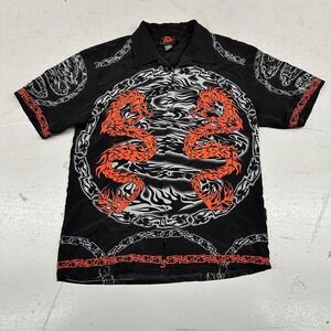 D Shirt Mens Medium Black Dragon Tribal Flame Graphic Button Up Casual